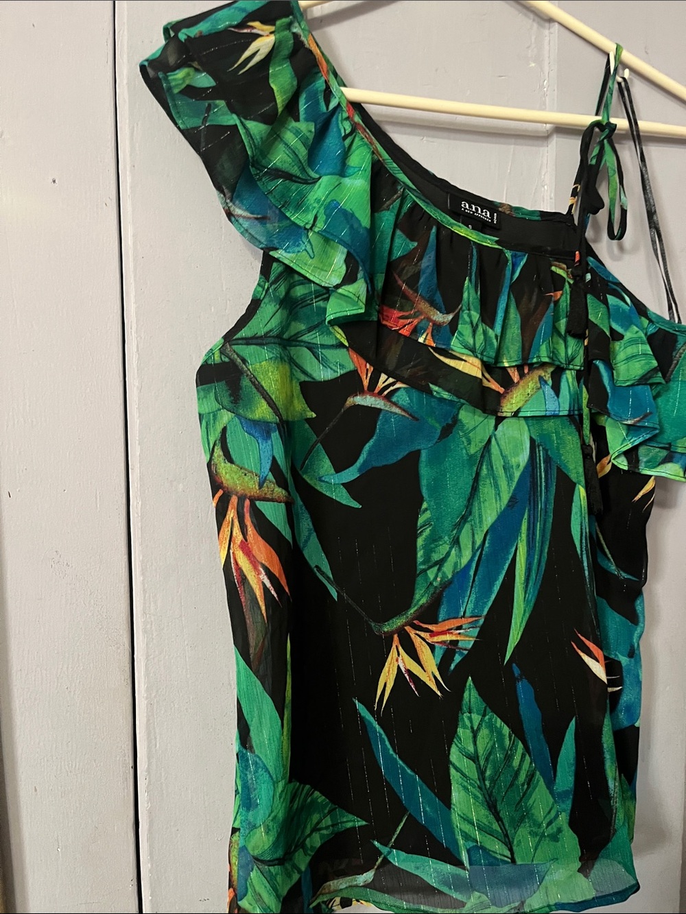 a.n.a Black Tropical Leaf One-Shoulder Ruffle Tank with Green & Teal Print